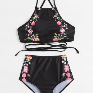 Criss Cross Floral Top With High Waist Bikini